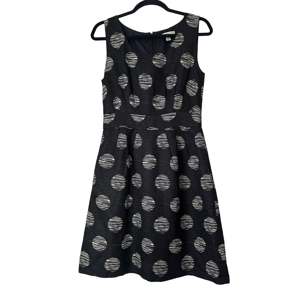 Banana Republic Big Dot Linen Blend Fit and Flare Dress Black Sz 4 - Picture 1 of 7